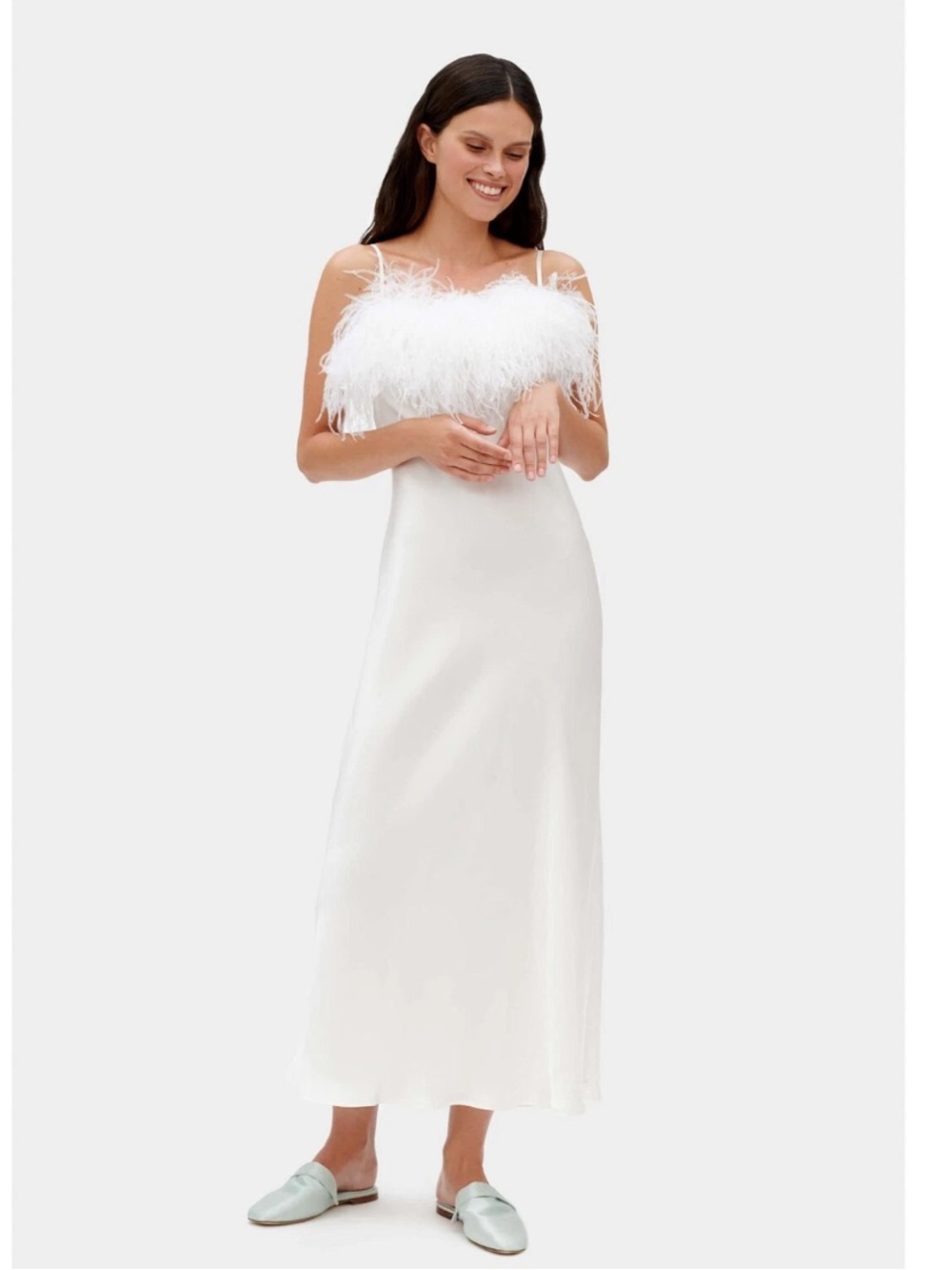 Sleeper Boheme White Feather-Trim Maxi Slip Dress